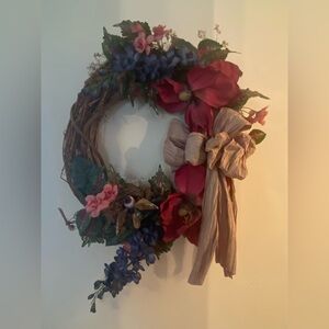 Handmade Floral Grapevine Wreath w/ Bird Nest & Bow – Cottage Decor
